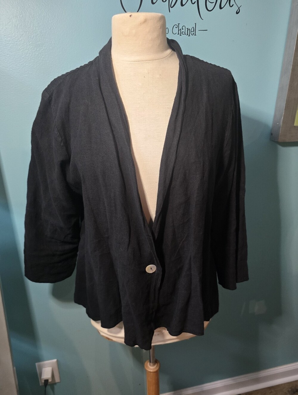 Black Single-Button Open Front Linen Jacket